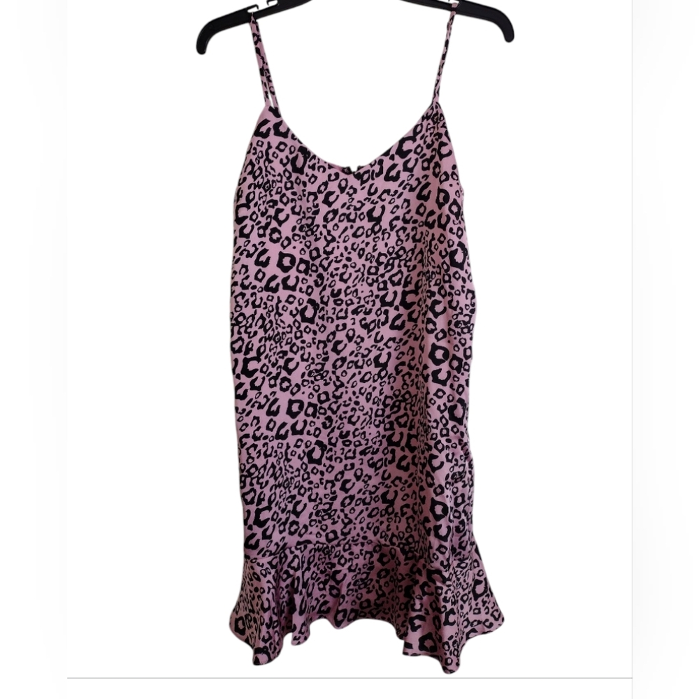 Aqua Leopard Print Pink Black Slip Dress Ruffle Hemline Size Medium